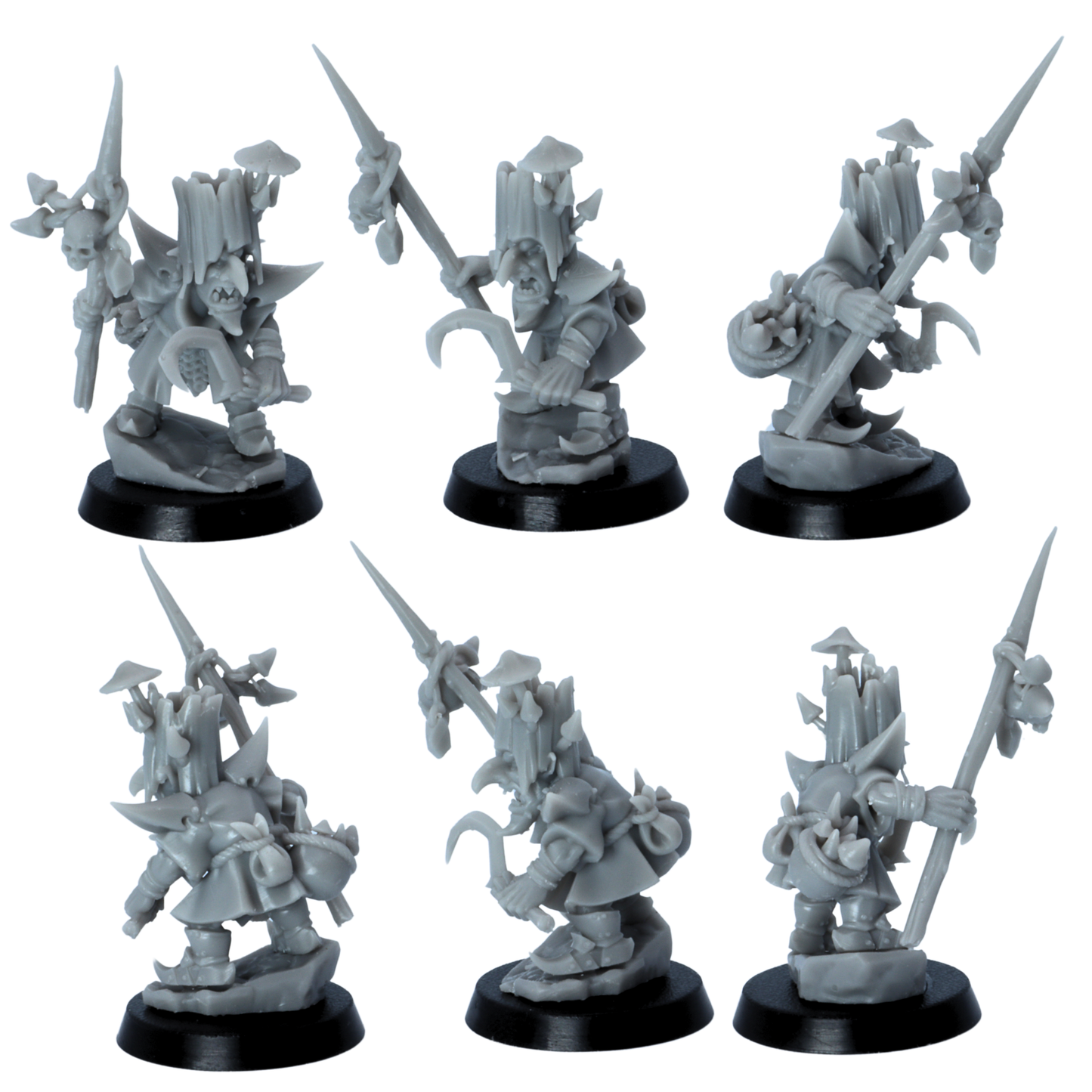 Unpainted spear goblin character miniature shown from multiple angles.