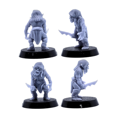 Hooded goblin rogue miniature armed with a large knife.