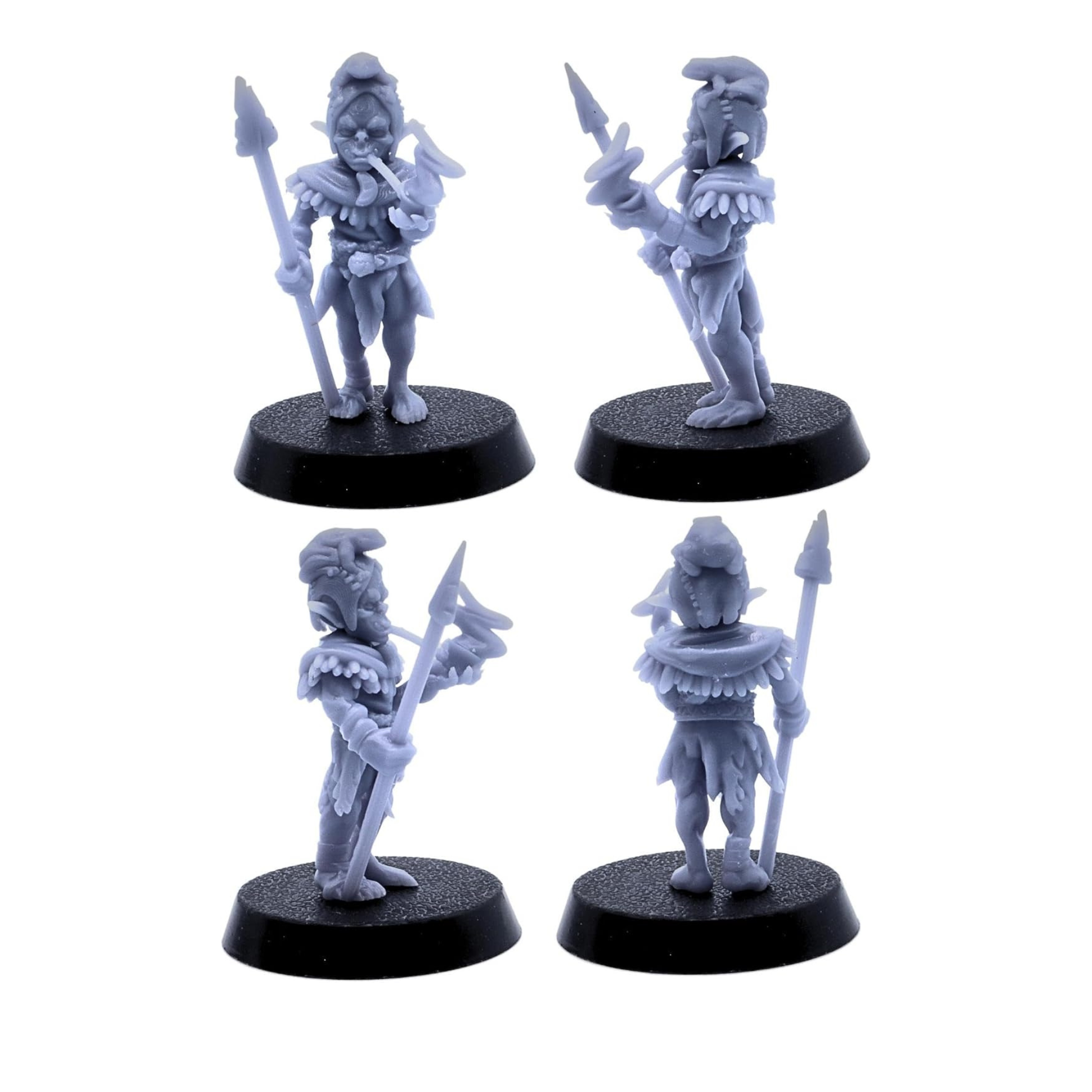 Unpainted goblin warrior holding a spear and small horn shown from multiple angles.