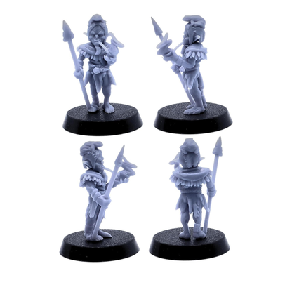Unpainted goblin warrior holding a spear and small horn shown from multiple angles.