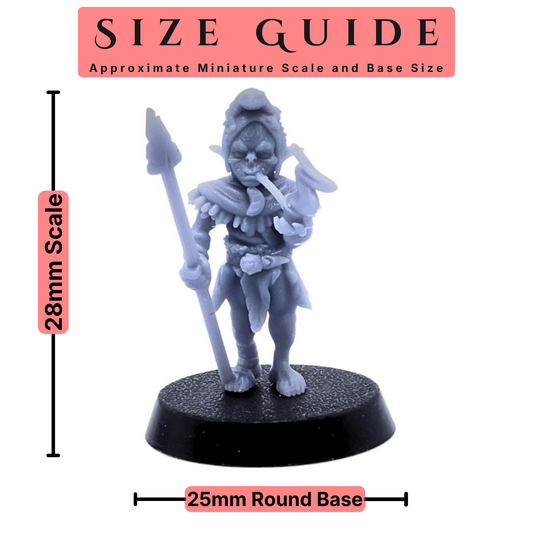 28mm scale Goblin miniature shown on a 25mm round base for approximate size reference.