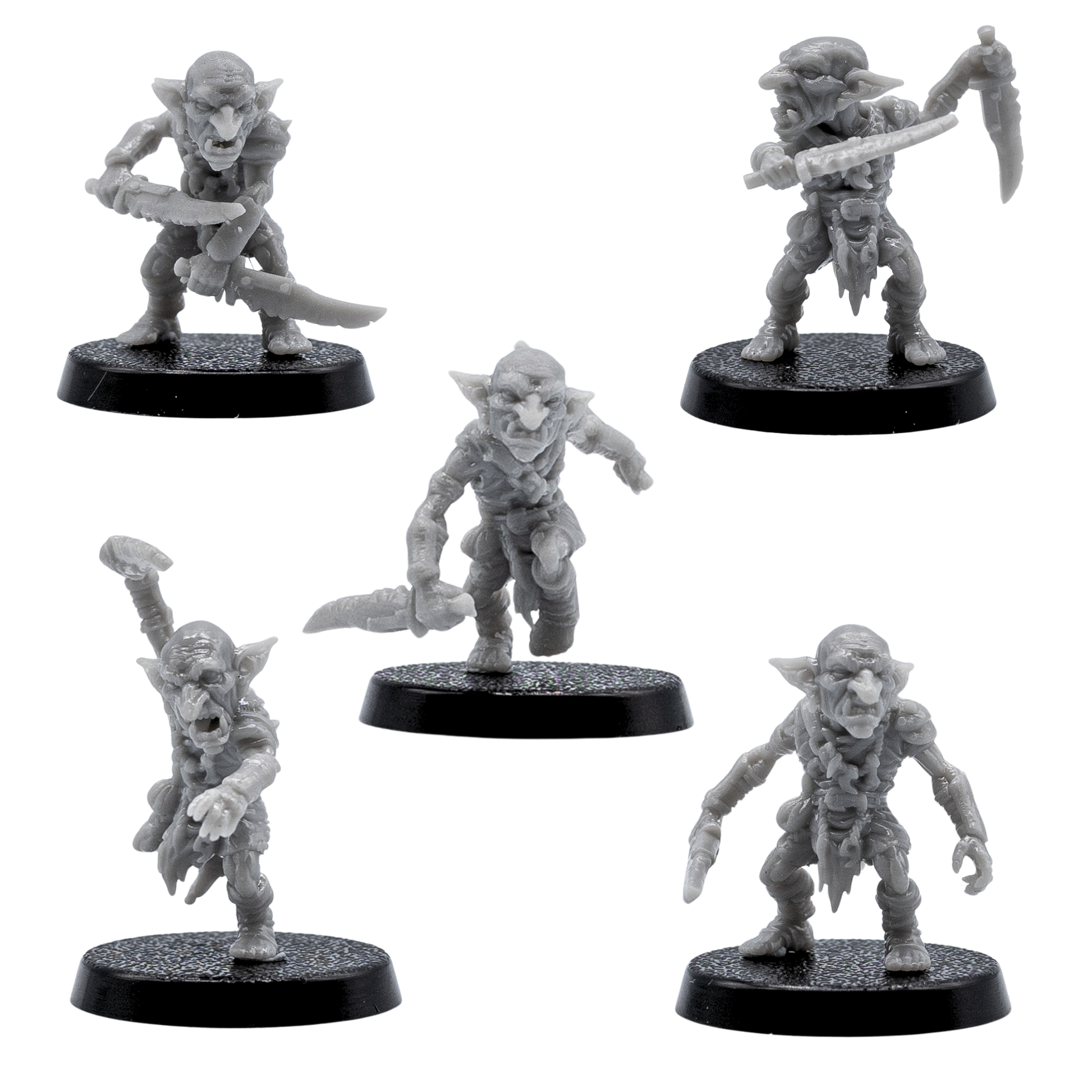 Unpainted Goblin miniature set by Forged Path Miniatures showing five different action poses for fantasy tabletop encounters.
