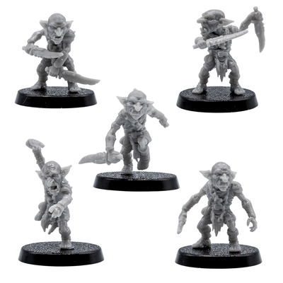 Unpainted Goblin miniature set by Forged Path Miniatures showing five different action poses for fantasy tabletop encounters.