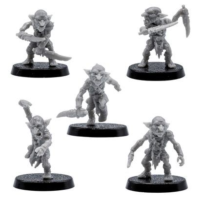 Unpainted Goblin miniature set by Forged Path Miniatures showing five different action poses for fantasy tabletop encounters.