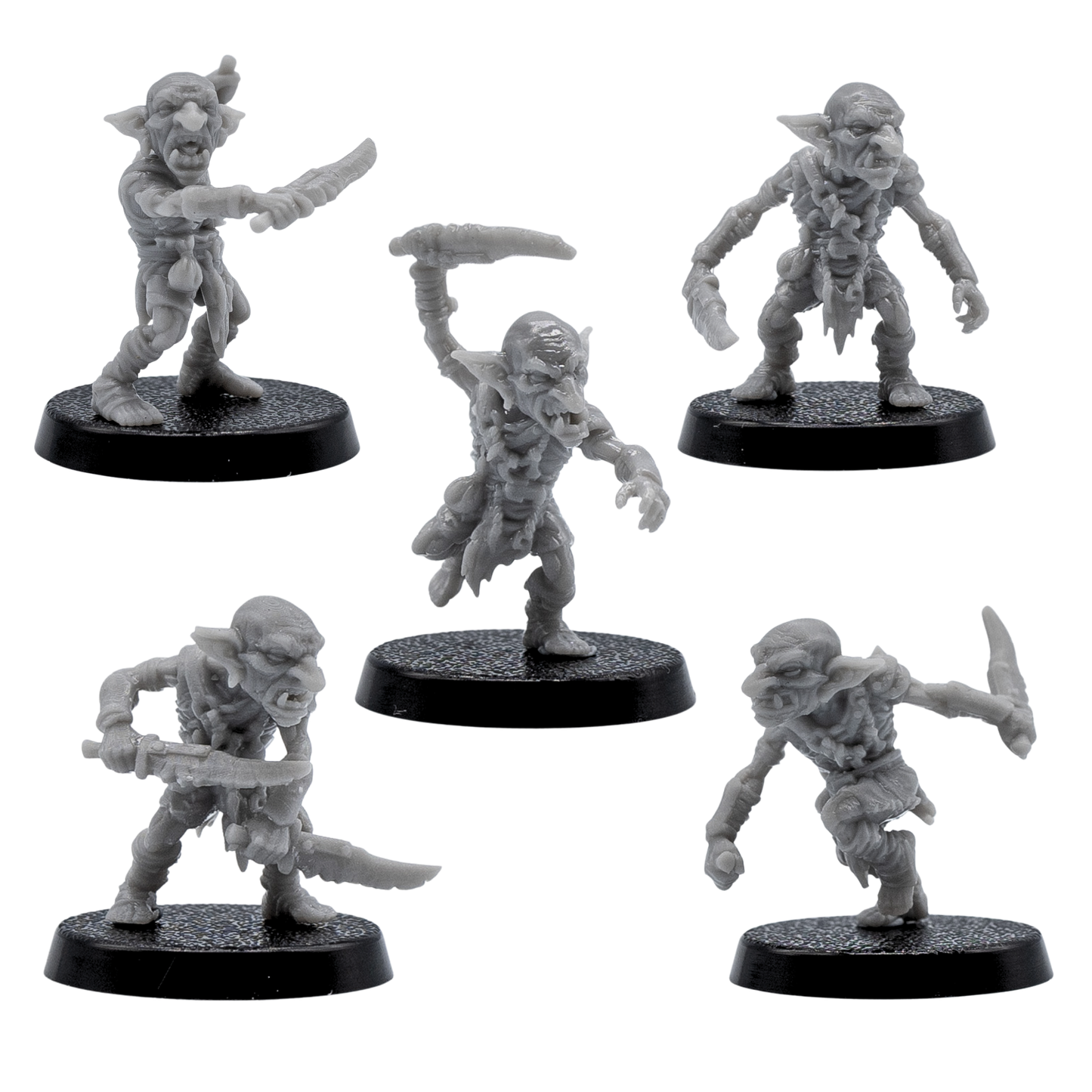 Front views of five unpainted Goblin resin miniatures by Forged Path Miniatures on 25mm round bases.