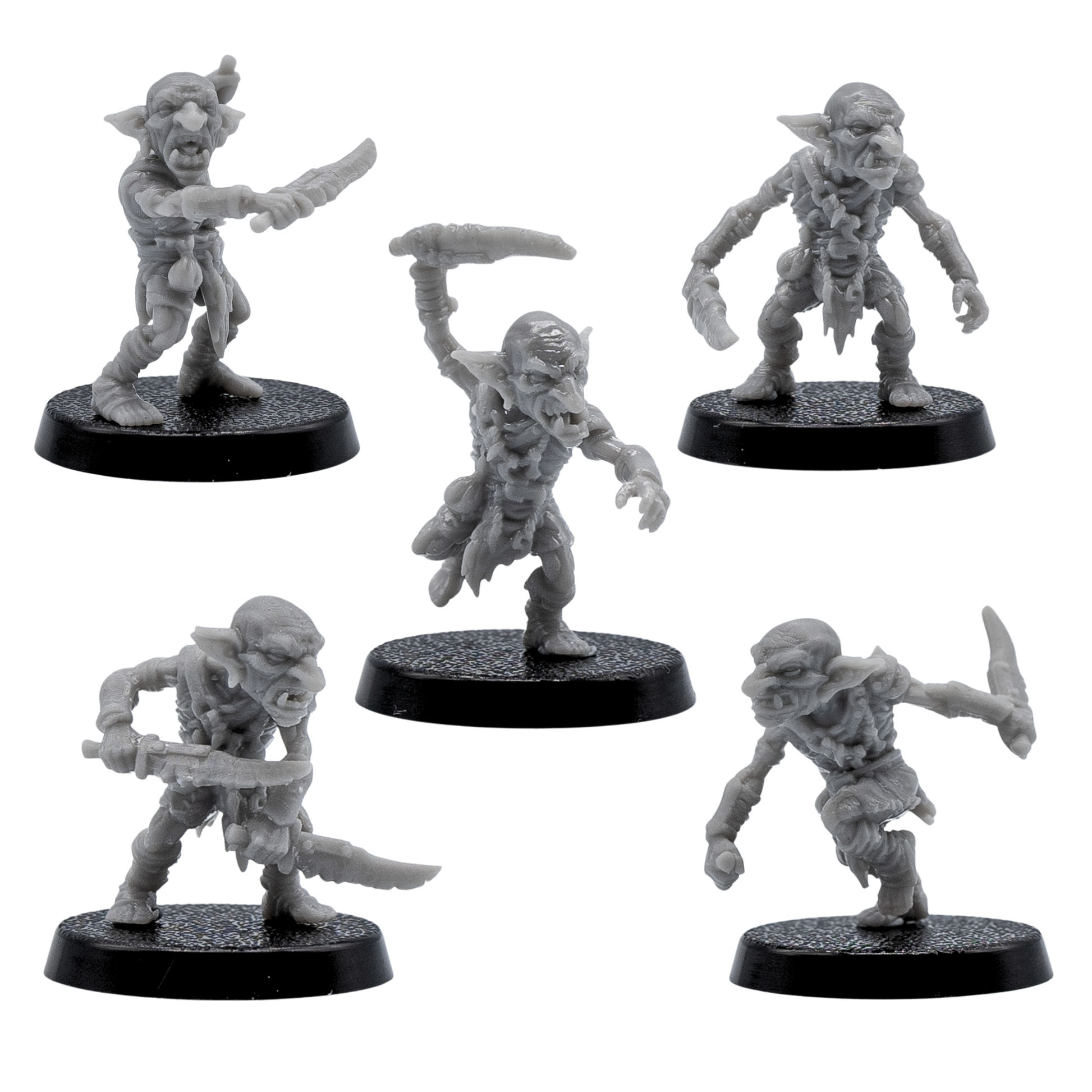 Front views of five unpainted Goblin resin miniatures by Forged Path Miniatures on 25mm round bases.