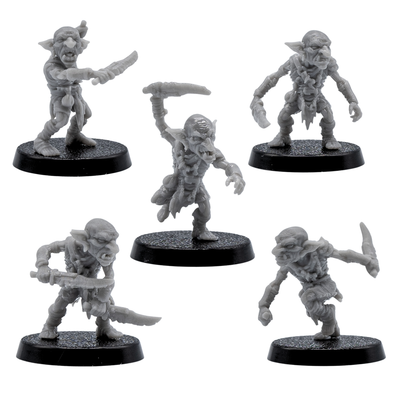 Front views of five unpainted Goblin resin miniatures by Forged Path Miniatures on 25mm round bases.