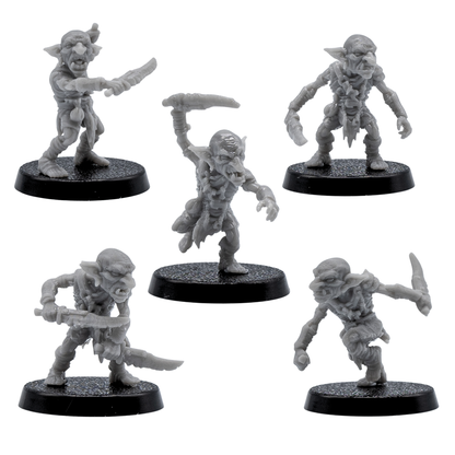 Front views of five unpainted Goblin resin miniatures by Forged Path Miniatures on 25mm round bases.