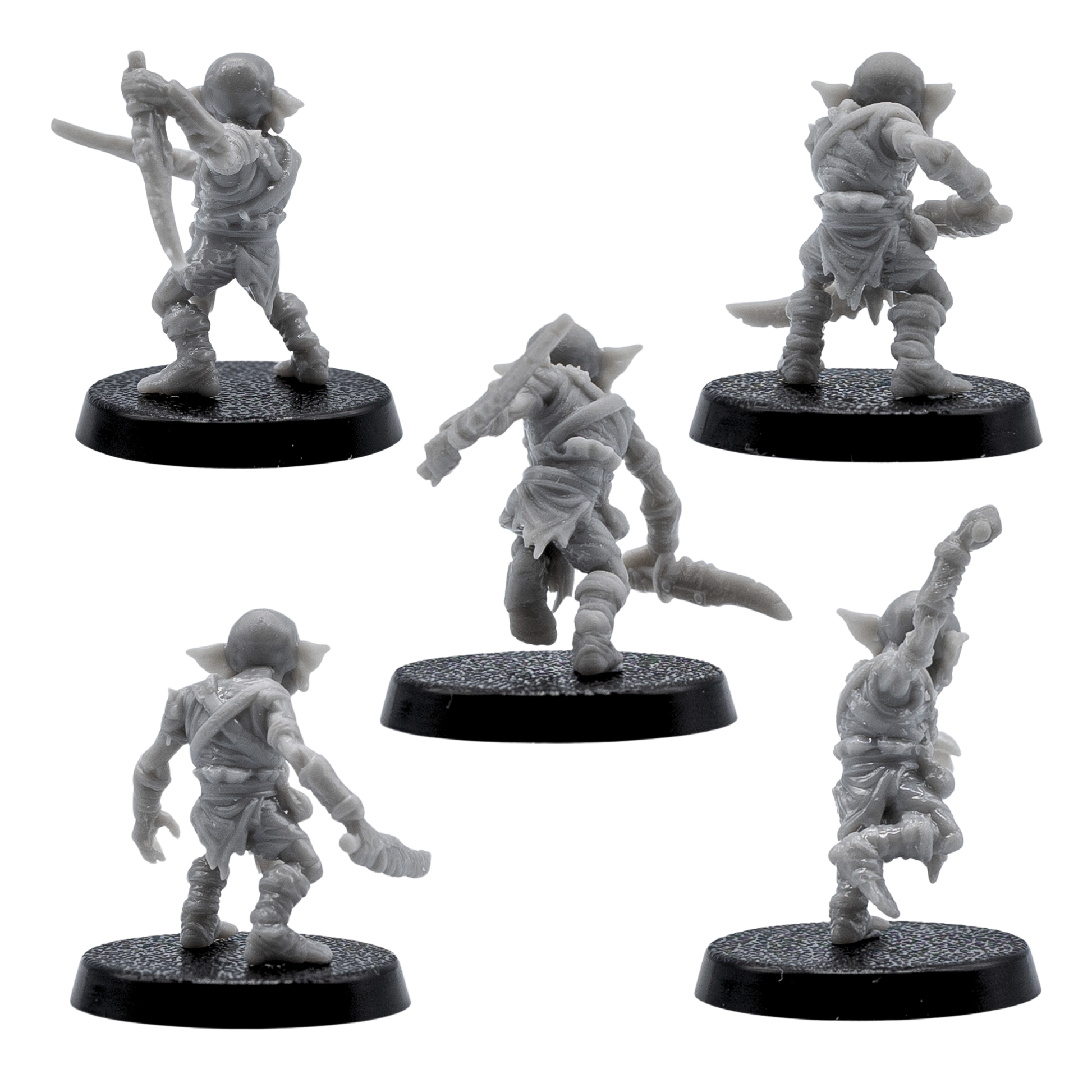 Rear views of unpainted Goblin fantasy miniatures showing clothing, weapons, poses, and resin sculpt detail.