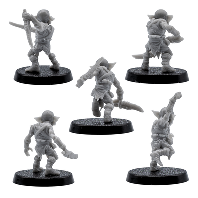 Rear views of unpainted Goblin fantasy miniatures showing clothing, weapons, poses, and resin sculpt detail.