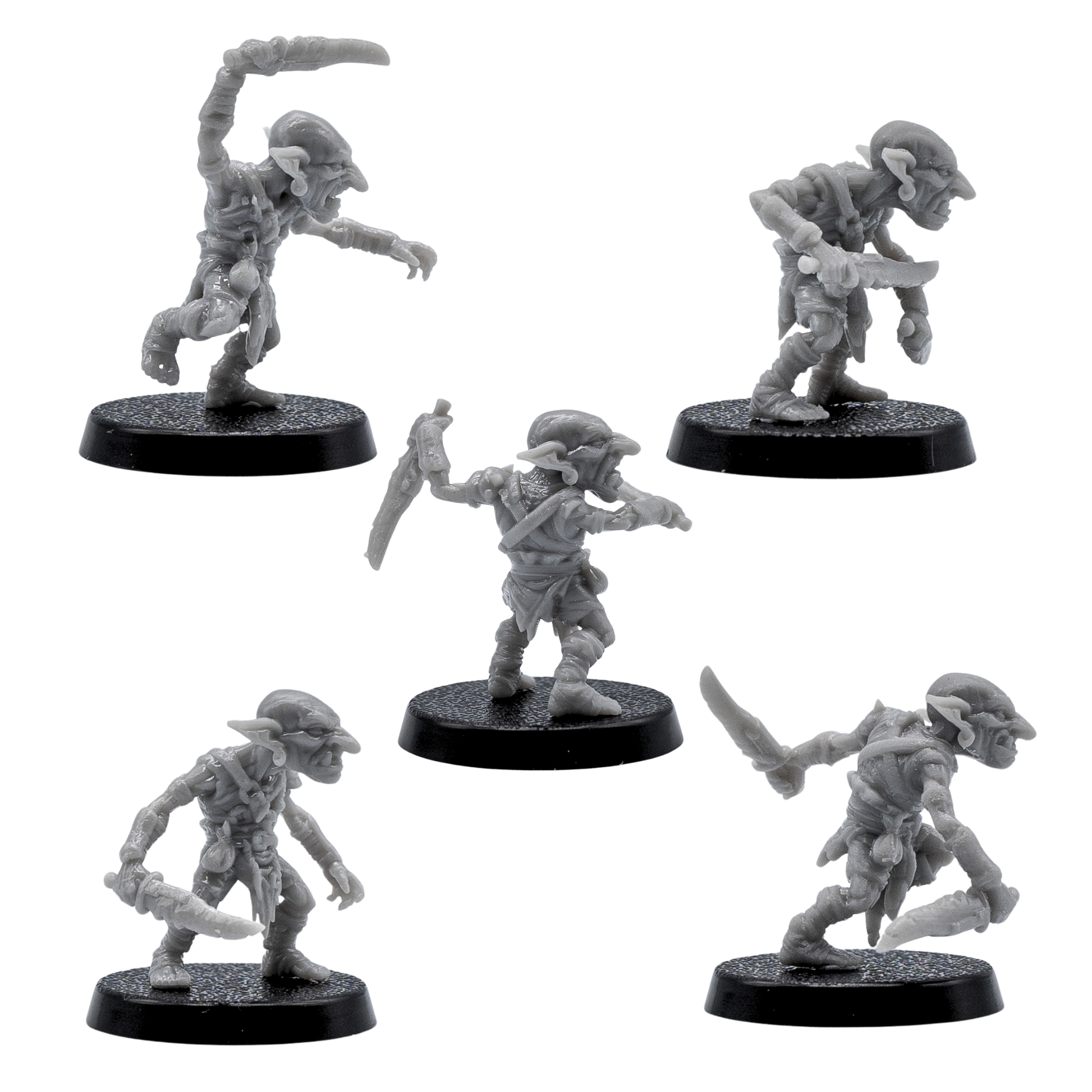 Side views of unpainted Goblin resin miniatures with curved blades, dynamic poses, and detailed fantasy equipment.