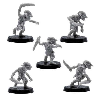 Side views of unpainted Goblin resin miniatures with curved blades, dynamic poses, and detailed fantasy equipment.