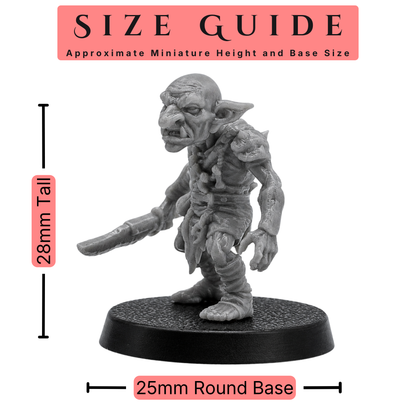 Size guide for a Goblin miniature by Forged Path Miniatures showing approximate height and 25mm round base size.