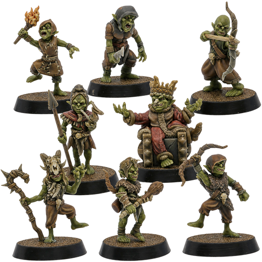 Painted Goblins Set of 8 from Epic Miniatures featuring fantasy goblin characters with bows, weapons, torch and goblin king.