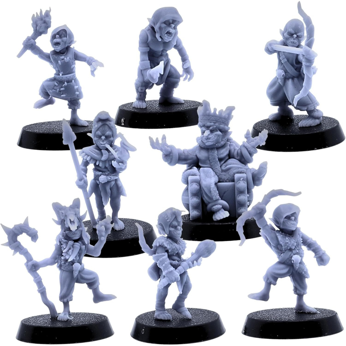 Complete set of eight unpainted Goblin miniatures showing the varied fantasy characters and weapons.