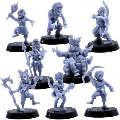 Complete set of eight unpainted Goblin miniatures showing the varied fantasy characters and weapons.