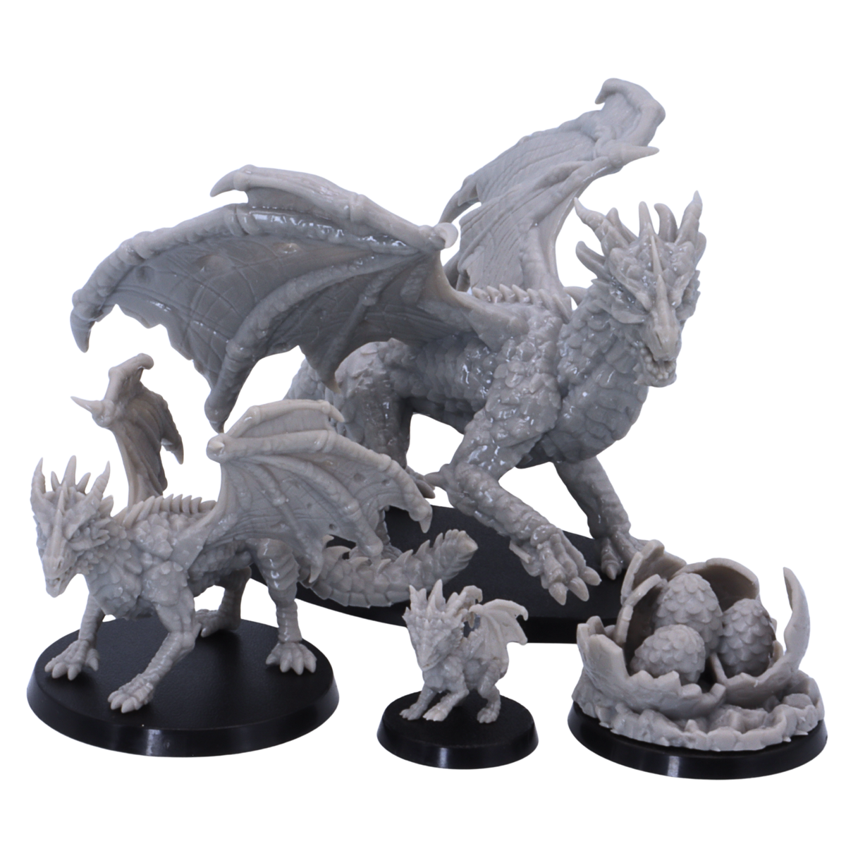 Unpainted Green Dragon Family set including adult, young, baby and dragon egg nest