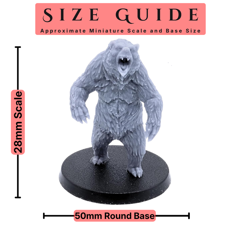 28mm scale Grizzly Bear miniature shown on a 50mm round base for size reference.