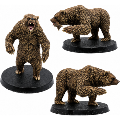 Painted showcase of three Grizzly Bear miniatures by Epic Miniatures.