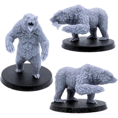 Group view of three unpainted Grizzly Bear miniatures in varied poses.