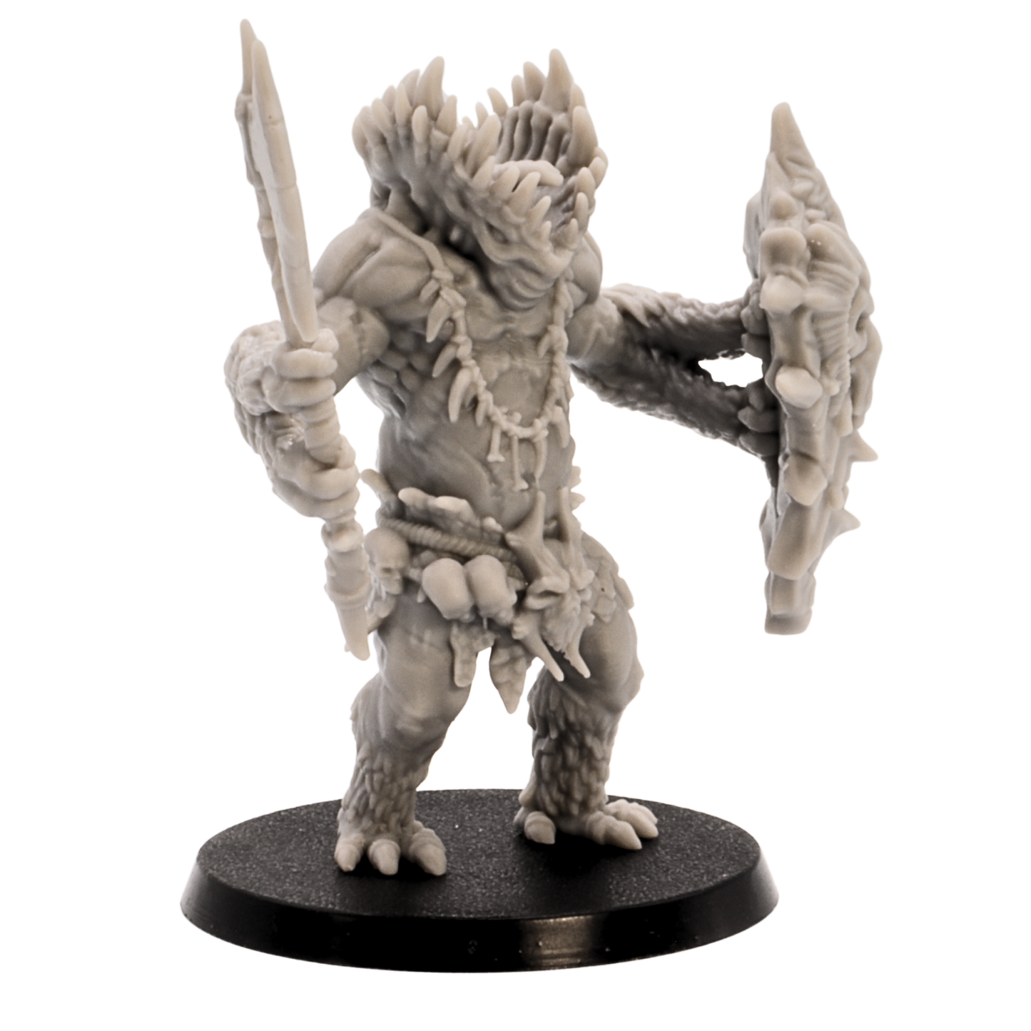 Front view of an unpainted Gug Monster miniature holding an axe and shield on a 50mm round base.