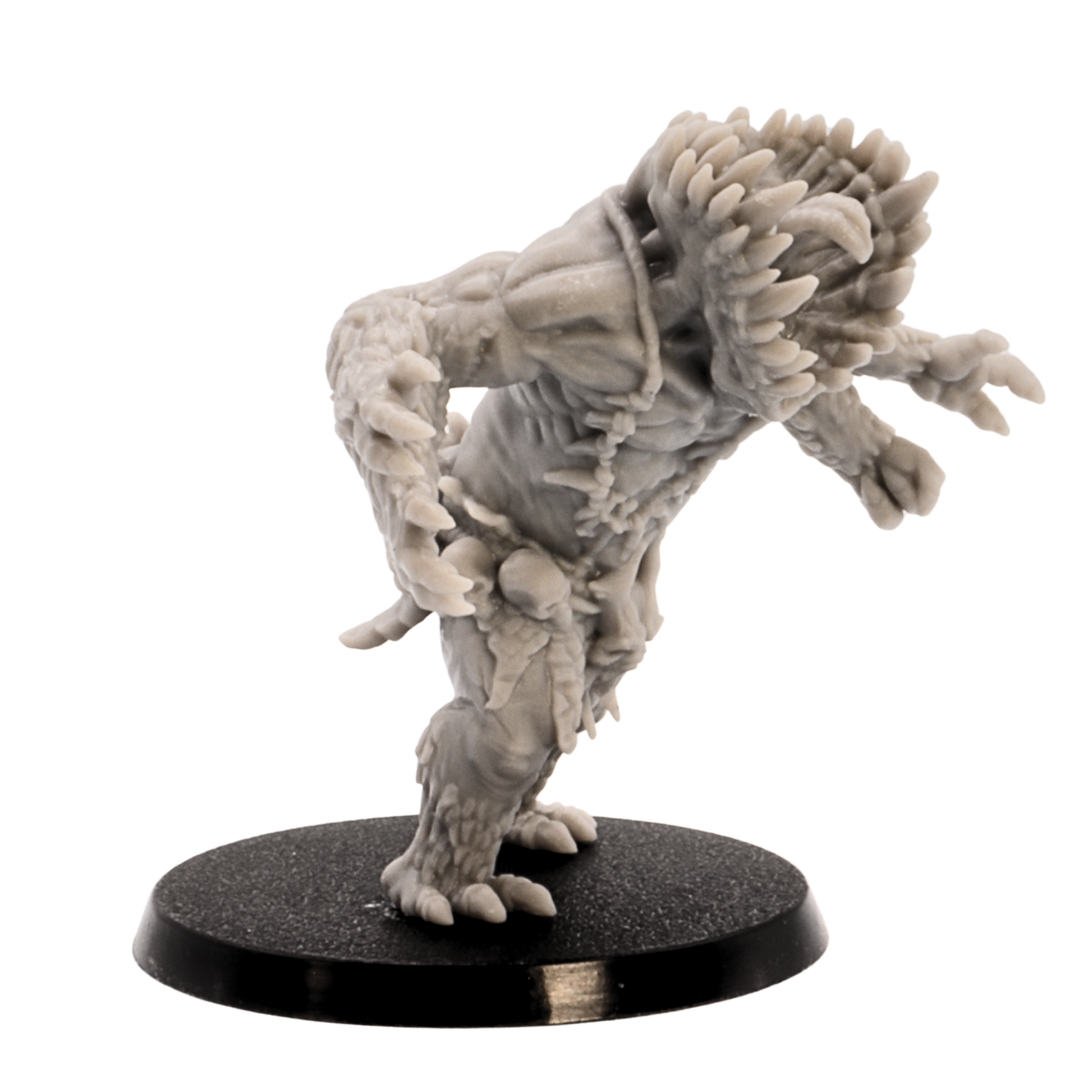 Side view of an unpainted Gug Monster miniature in a leaning pose with open vertical jaws and clawed arms.