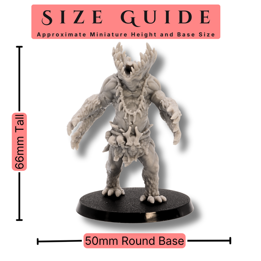 Size guide for Gug Monster miniature showing 66mm height and 50mm round base.