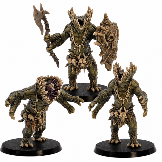Painted Gug Monster miniatures by Epic Miniatures showing three terrifying fantasy horror creatures on 50mm round bases.