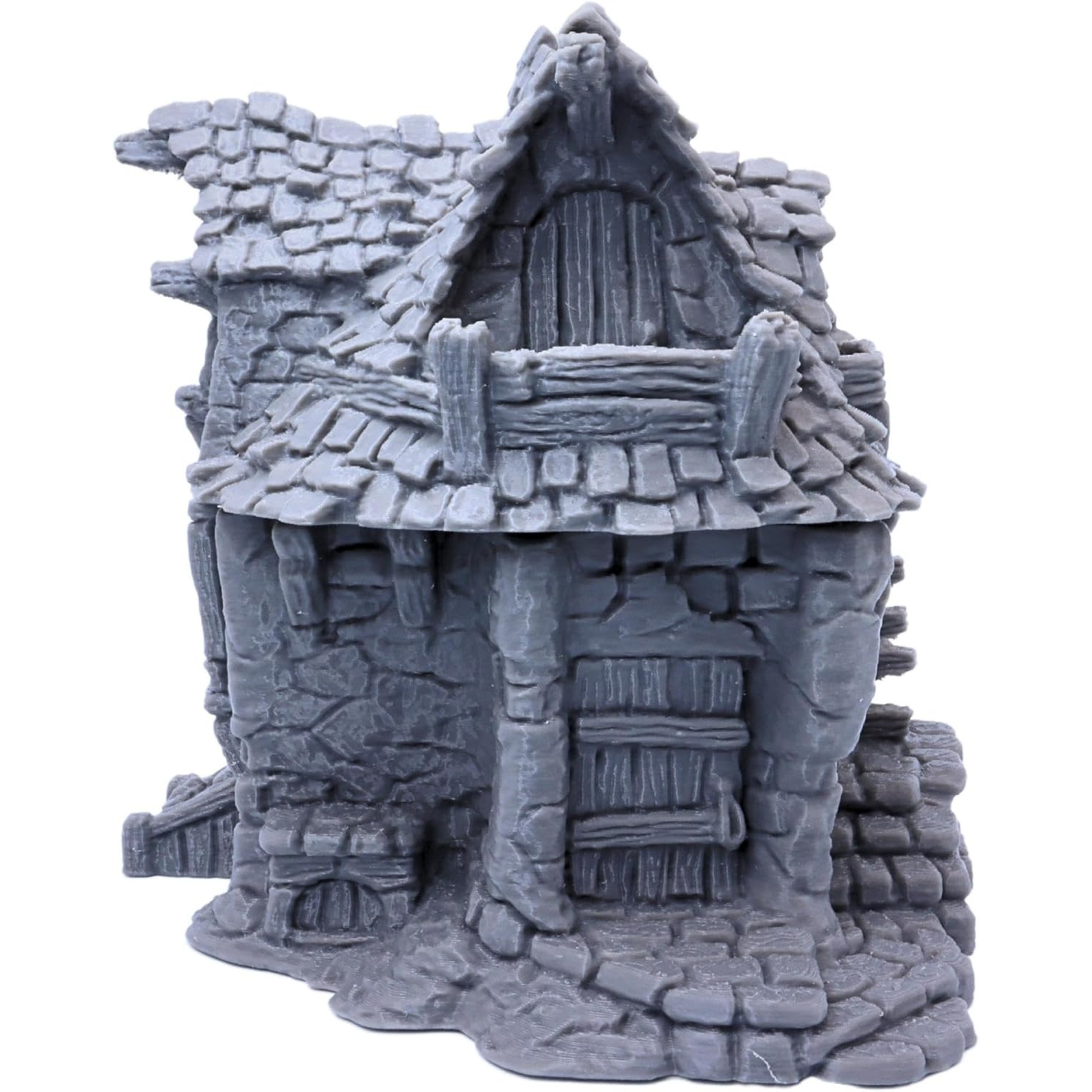 Detailed side view highlighting the sculpted stone walls, roof tiles and exposed timber beams.