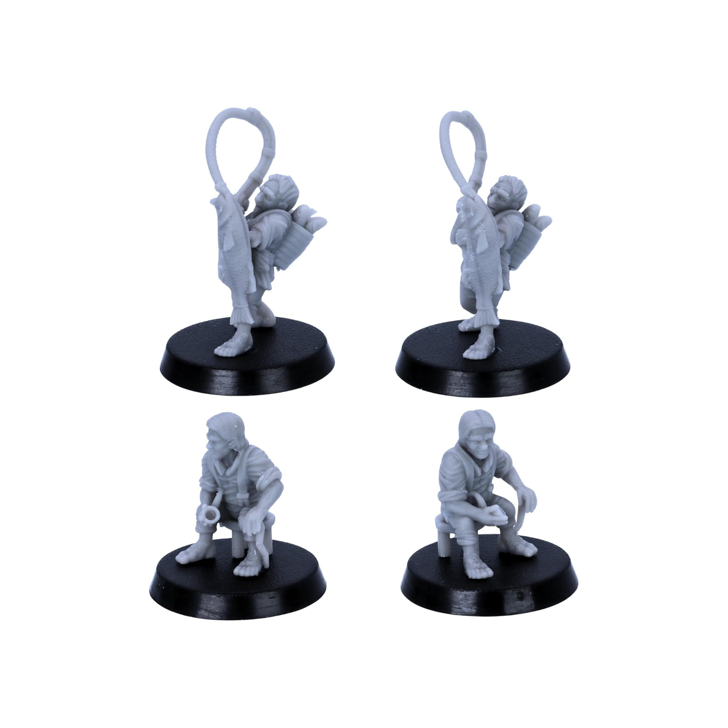 Detailed views of the halfling angler carrying a fish and seated halfling elder.