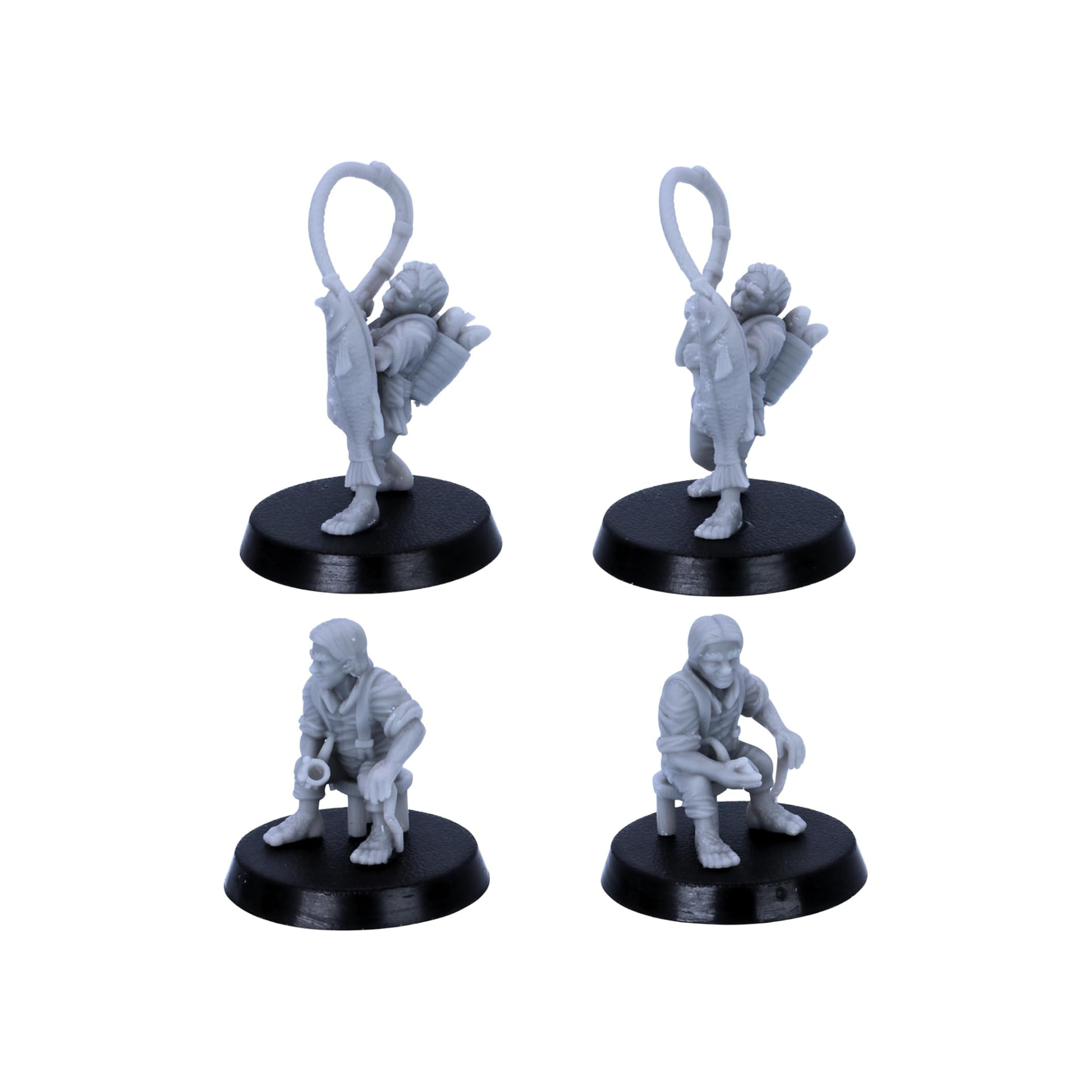 Detailed views of the halfling angler carrying a fish and seated halfling elder.