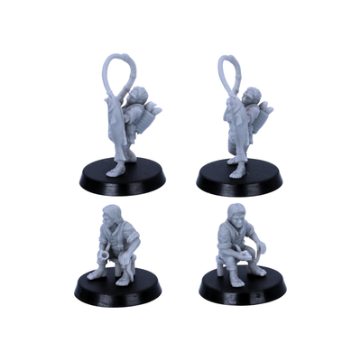 Detailed views of the halfling angler carrying a fish and seated halfling elder.