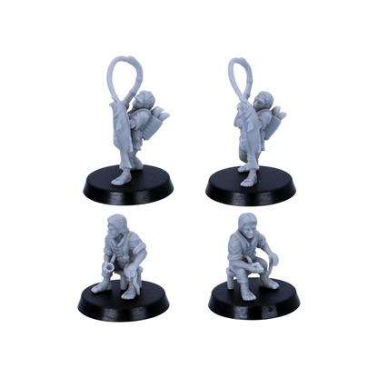 Detailed views of the halfling angler carrying a fish and seated halfling elder.