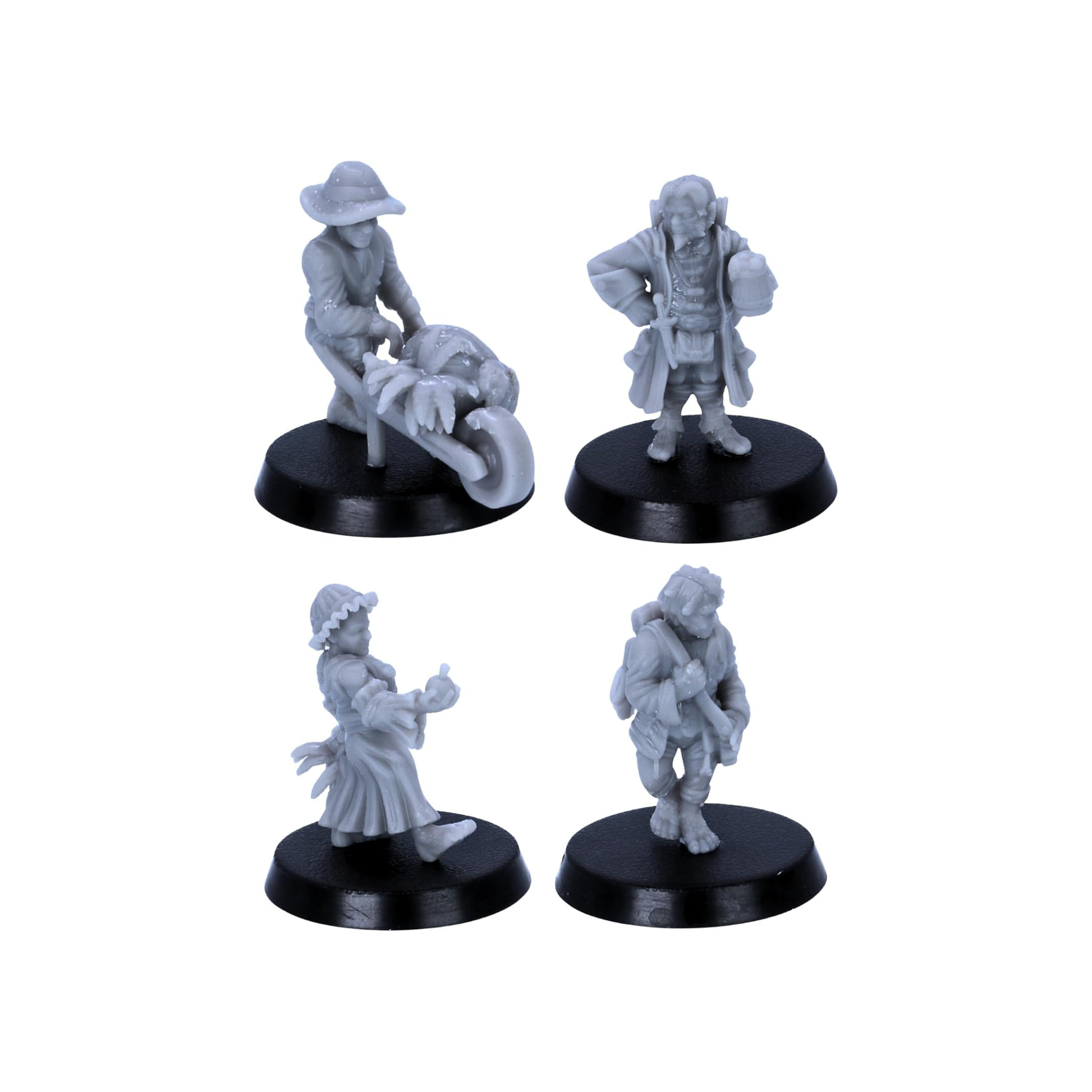 Selection of halfling villagers including gardener, travelling wayfarer, grocer and tinker.