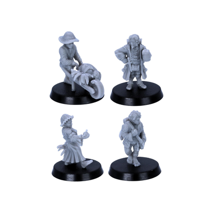 Selection of halfling villagers including gardener, travelling wayfarer, grocer and tinker.