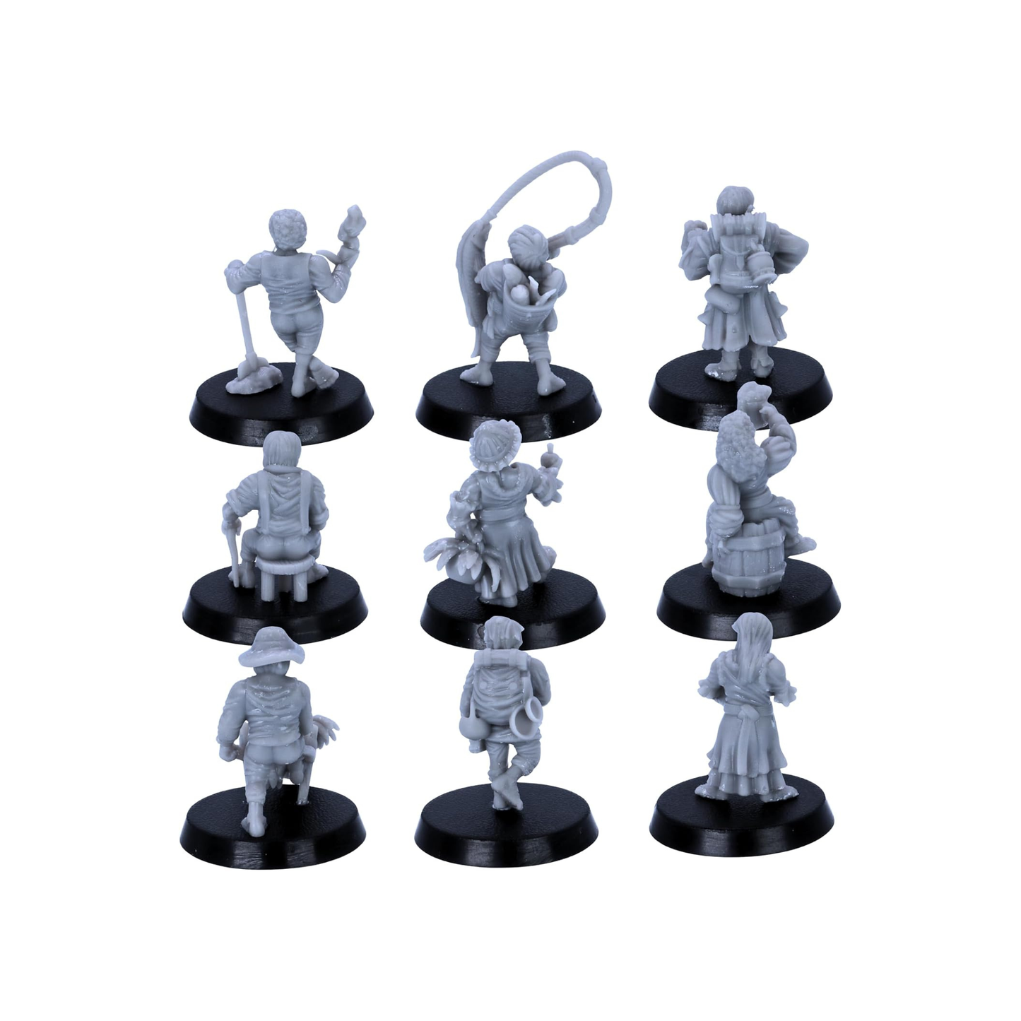 Rear view of the nine halfling civilian miniatures showing clothing, packs, tools and accessories.