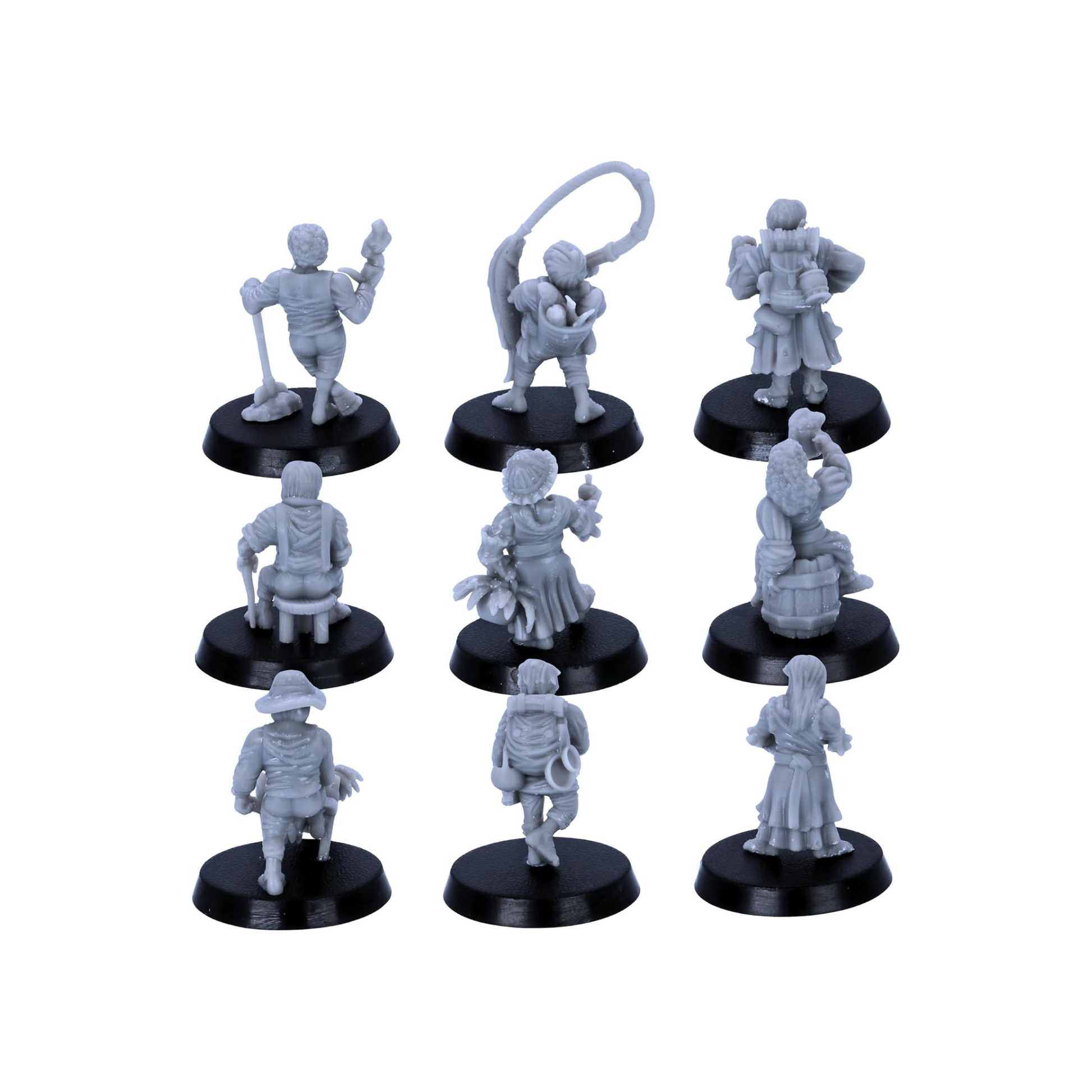Rear view of the nine halfling civilian miniatures showing clothing, packs, tools and accessories.
