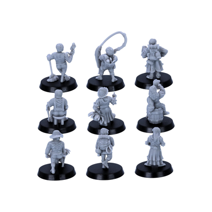 Rear view of the nine halfling civilian miniatures showing clothing, packs, tools and accessories.