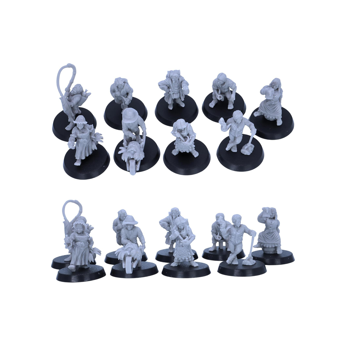 Complete nine-model halfling civilian set displayed together for fantasy tabletop gaming.