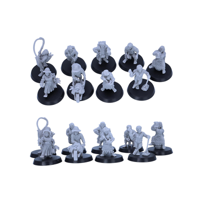 Complete nine-model halfling civilian set displayed together for fantasy tabletop gaming.