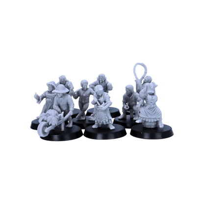 Group view of the unpainted halfling civilian miniature set on round bases.