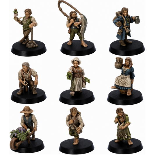 Painted collection of nine fantasy halfling civilian miniatures by Epic Miniatures.