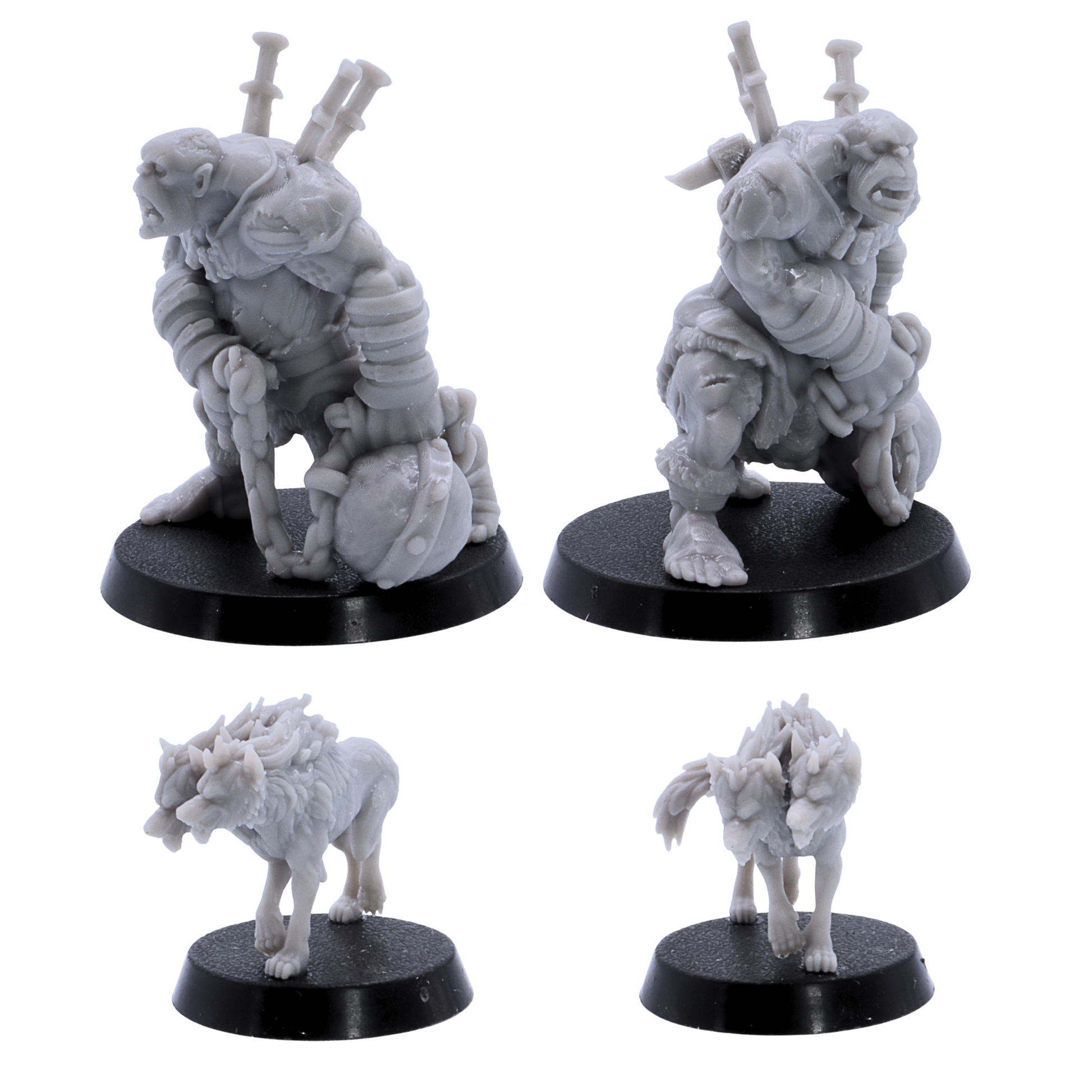 Unpainted Halloween monster miniatures showing hulking brute, monstrous hound, vampire-style figure, and werewolf-style creature from multiple angles.