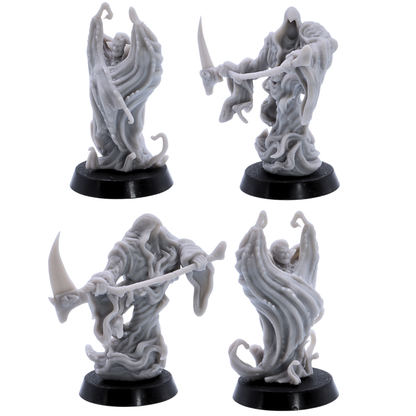 Unpainted ghost and reaper-style spirit miniature from the Halloween Monster Collection shown from multiple angles.