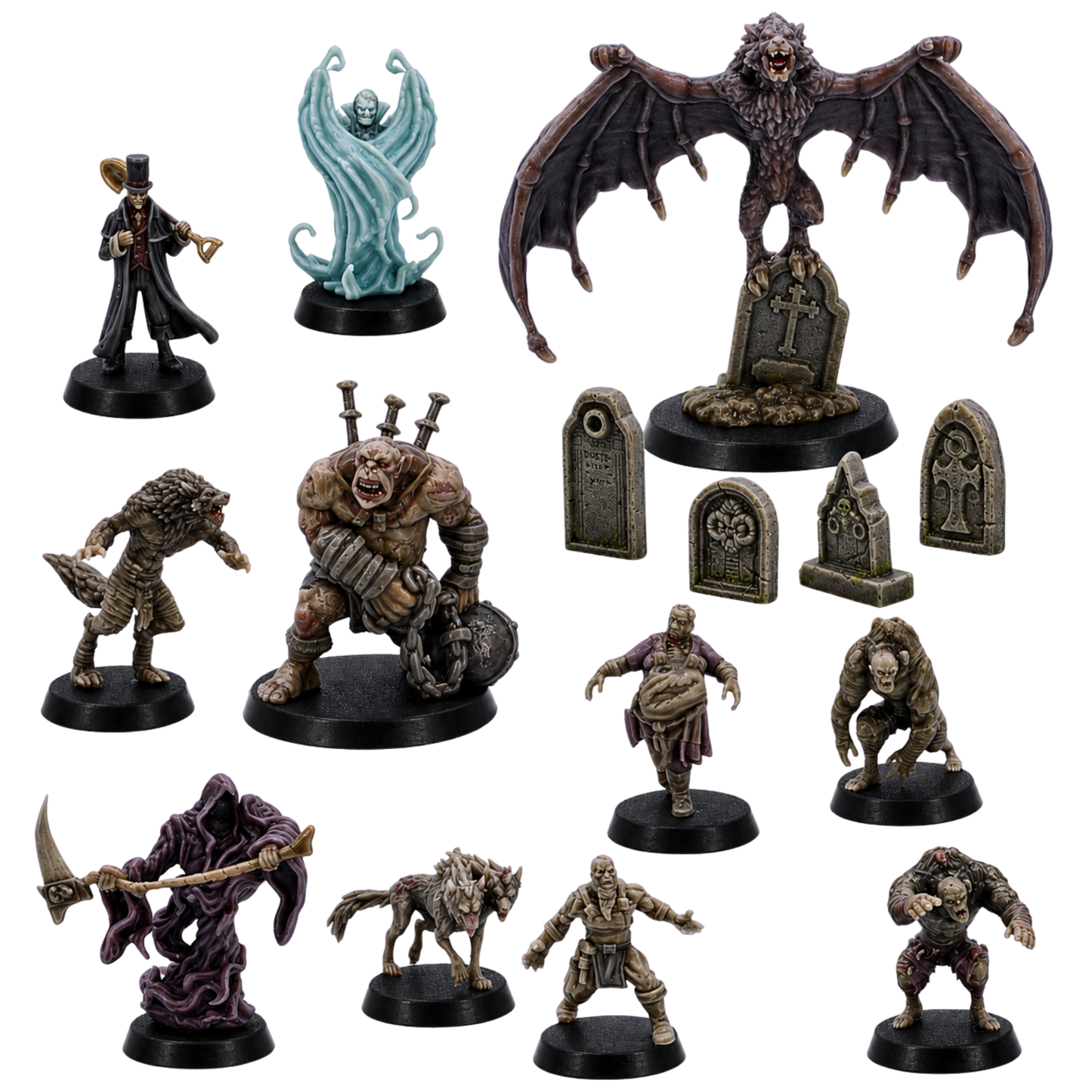 Painted Halloween Monster Collection by Epic Miniatures showing fantasy horror monsters, undead, graveyard creatures, and cemetery props.