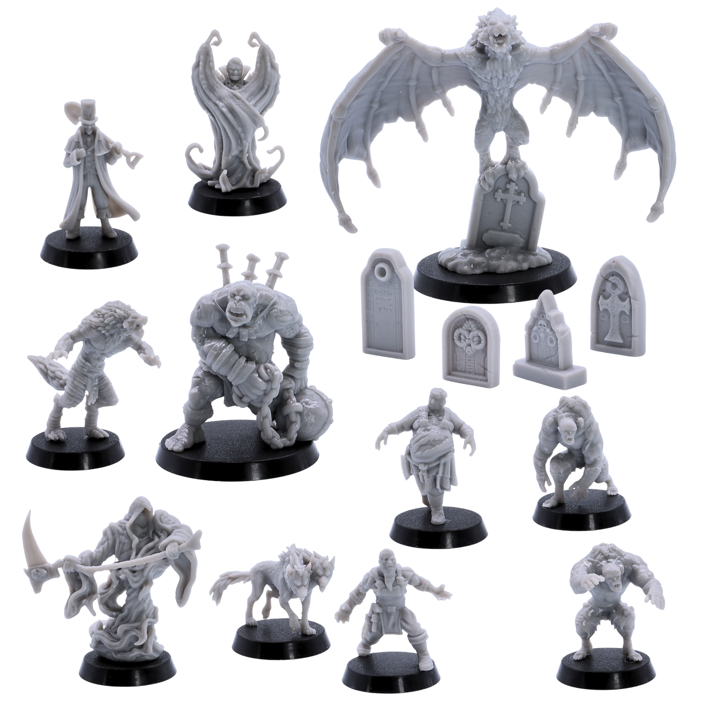 Unpainted Halloween Monster Collection showing 11 fantasy horror miniatures and 4 graveyard props for tabletop RPG encounters.