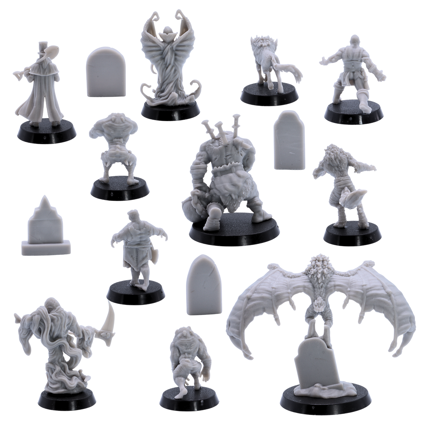 Rear views of unpainted Halloween Monster Collection miniatures including undead, werewolf, vampire, ghost, brute, winged monster, and tombstone props.