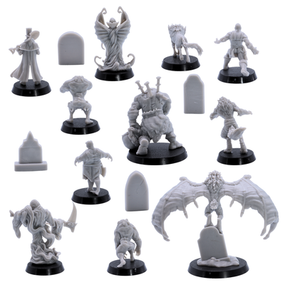 Rear views of unpainted Halloween Monster Collection miniatures including undead, werewolf, vampire, ghost, brute, winged monster, and tombstone props.