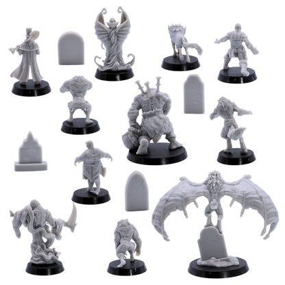 Rear views of unpainted Halloween Monster Collection miniatures including undead, werewolf, vampire, ghost, brute, winged monster, and tombstone props.
