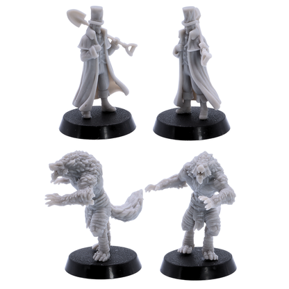 Unpainted Halloween villain and werewolf-style miniatures shown from front and rear angles for fantasy horror tabletop games.